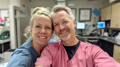 A selfie of an attractive middle aged blonde man and woman nurse