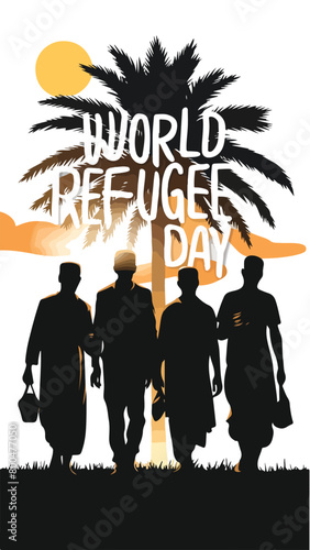Vector illustration of black Silhouette, palm tree, and sun for World Refugee Day banner and poster template design.