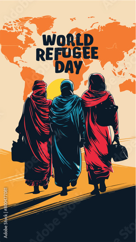 Vibrant Colorful vector illustration of banner template design for World Refugee Day Muslim people walking to seek house.