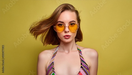 Portrait of a beautiful smiling woman in colorful beachwear and sunglasses on a yellow background. Summer banner for advertising