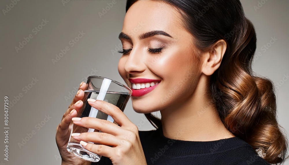 Beautiful woman drinks water from a glass, isolated on a black background with copy space. A beautiful young Indian girl drinking clean, fresh, clear water for skin care and beauty. Beautiful woman drinks water from a glass, isolated on a black background with copy space. A beautiful young Indian girl drinking clean, fresh, clear water for skin care and beauty.