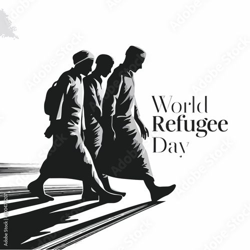 Vector illustration of black Silhouette, palm tree, and sun for World Refugee Day banner and poster template design.