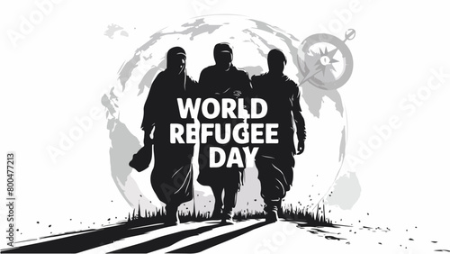 Vector illustration of black Silhouette, palm tree, and sun for World Refugee Day banner and poster template design.