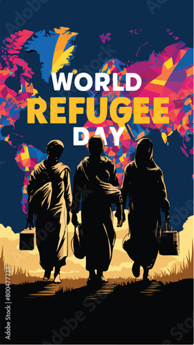 Vibrant Colorful vector illustration of banner template design for World Refugee Day Muslim people walking to seek house.