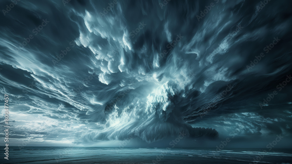 An intense image capturing the eerie beauty of a tumultuous ocean storm, showcasing a swirling mass of dark, dramatic clouds