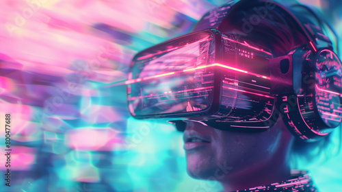 Virtual reality: an image of a person immersed in a VR world using virtual reality glasses