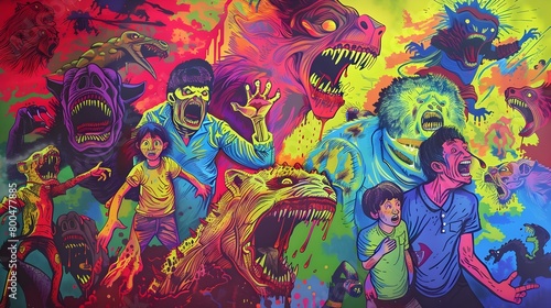 Colorful Psychedelic Pop Art Depicting Fearful Retreat Horrified Screams Monstrous Beasts and a Terrified Family s Desperate Escape