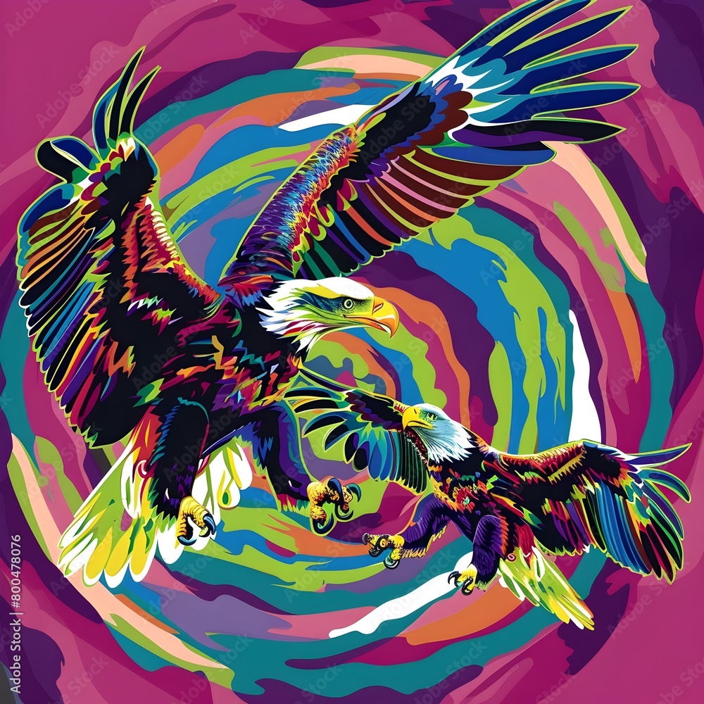 Obraz premium Triumphant Soaring Eagles in Vibrant Psychedelic Pop Art Composition