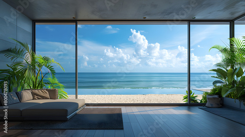 Beautiful home interior with a view of the ocean and beach, perfect for a summer getaway or tropical-themed decor photo