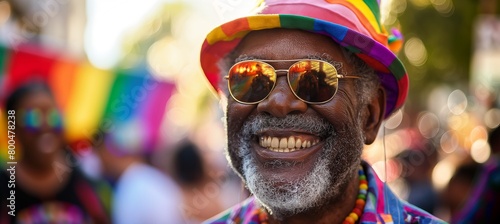 Image of an elderly African American man joining a pride parade, wearing a vibrant rainbow hat and sunglasses as he walks along the streets.