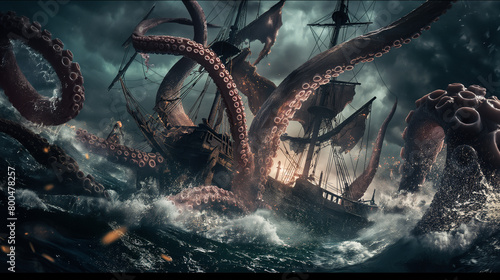 A ship is caught in the clutches of a massive Kraken, an intense battle scene set against tumultuous ocean waves photo