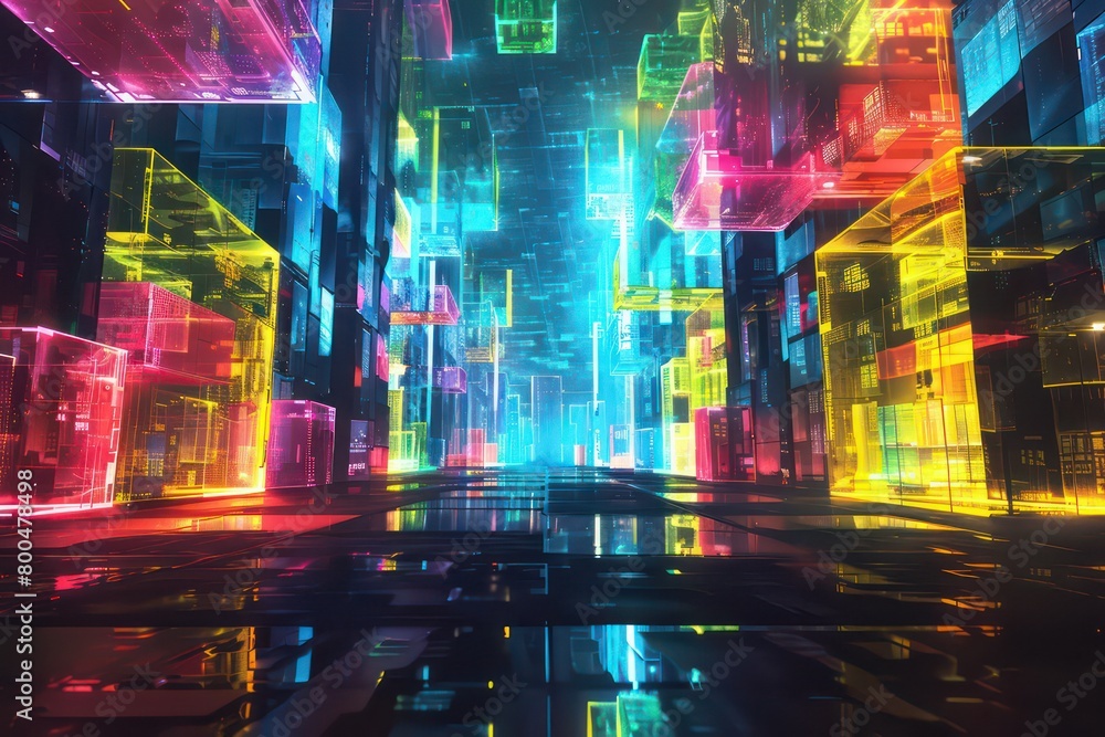 Naklejka premium colorful bright lit cubes on a dark background