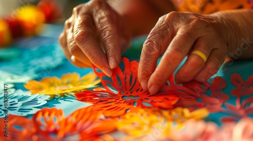 A close up of an elderly person's hands making paper flowers.