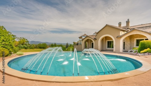 Beautiful home exterior and large swimming pool on sunny day  © wiizii
