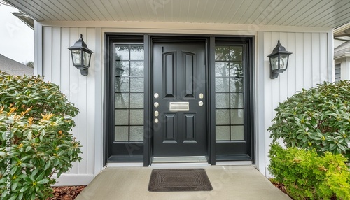 Front Door of New Luxury Modern Farmhouse Style Home  Black with Vertical White Accents