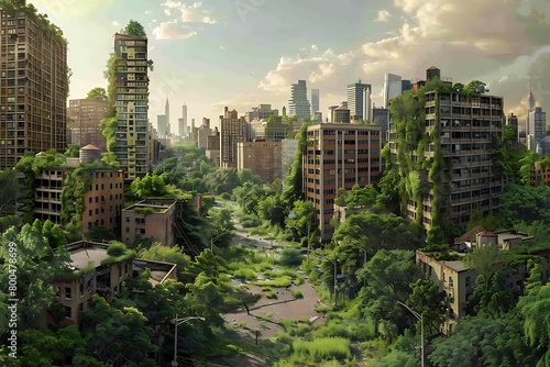 A post-apocalyptic city reclaimed by nature photo