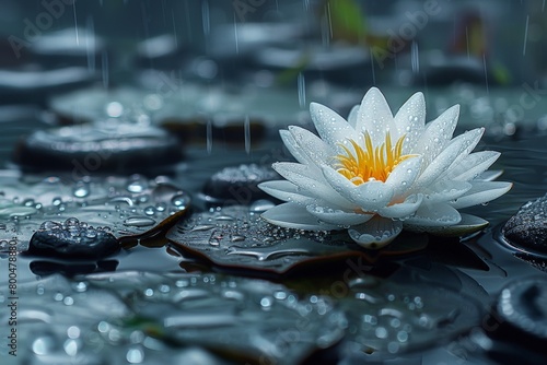 Serene Raindrops on a Tranquil Water Lily Amidst Pebbles. Horizontal banner with copy space