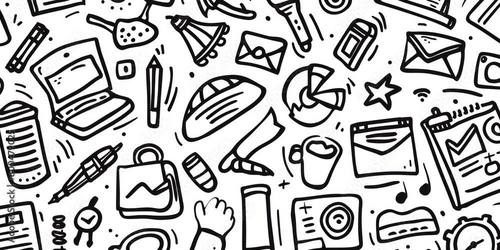 business icons in simple outline doodle design scattered on a full background business icons in simple outline doodle design scattered on a full background