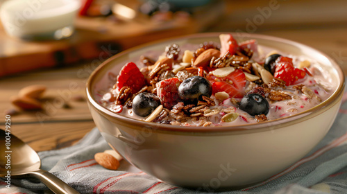 Organic berry granola bowl with almond milk