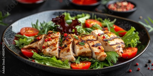 Plate of Grilled Chicken With Tomatoes and Lettuce