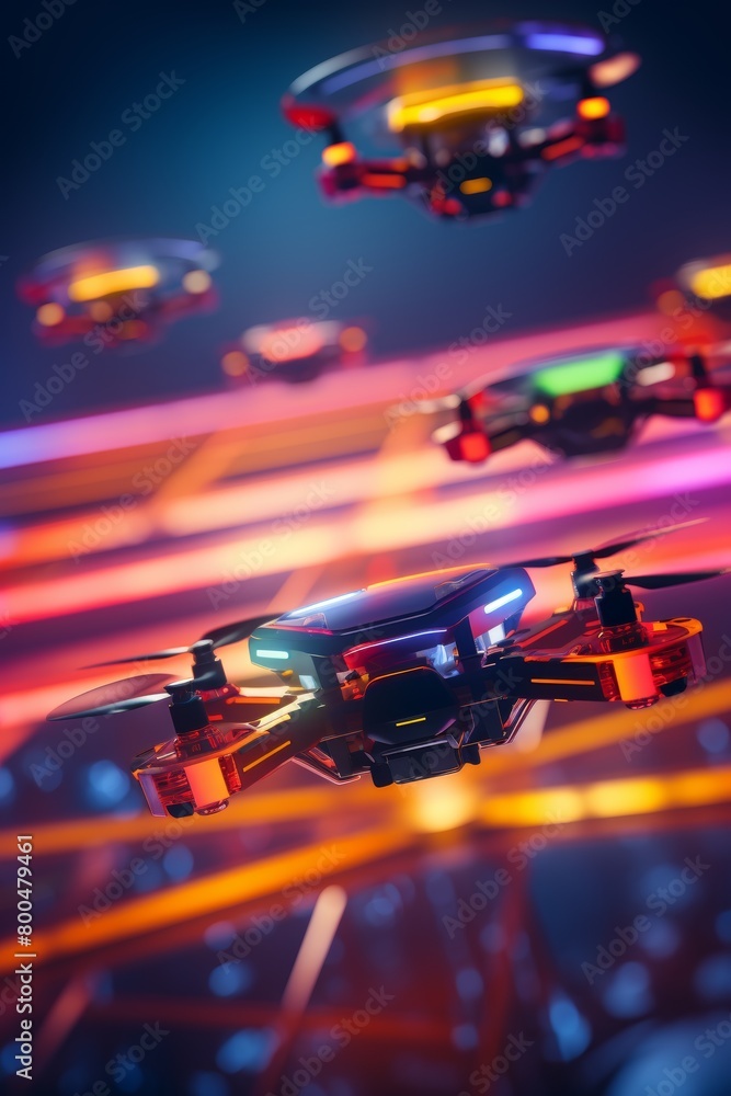 A group of futuristic drones flying through a neon-lit city.