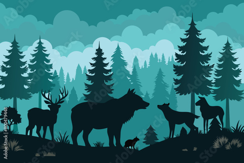 Horizontal seamless landscape with forest animals    silhouettes. Coniferous woods with bear  wolf  fox  stag  deer  eagle  falcon  buffalo  pig. Green wildlife background for prints