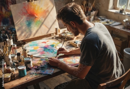 An artist concentrates on his painting in a studio, a moment of creativity and expression.