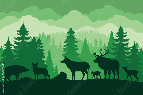 Horizontal seamless landscape with forest animals’ silhouettes. Coniferous woods with bear, wolf, fox, stag, deer, eagle, falcon, buffalo, pig. Green wildlife background for prints