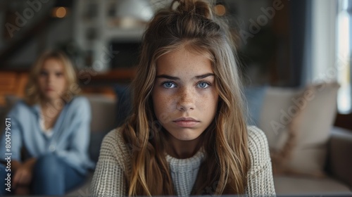 Intense Young Girl with Freckles and Blue Eyes in a Cozy Home Setting. Generative ai