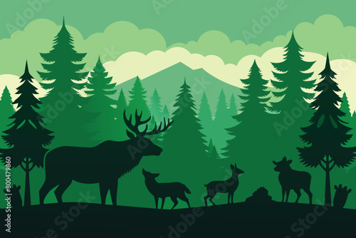 Horizontal seamless landscape with forest animals    silhouettes. Coniferous woods with bear  wolf  fox  stag  deer  eagle  falcon  buffalo  pig. Green wildlife background for prints