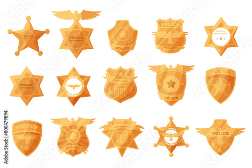 Police gold Badges. Police labels. Policeman law enforcement badges. Sheriff, marshal and ranger logo, police star medallions. Sheriff Badges.