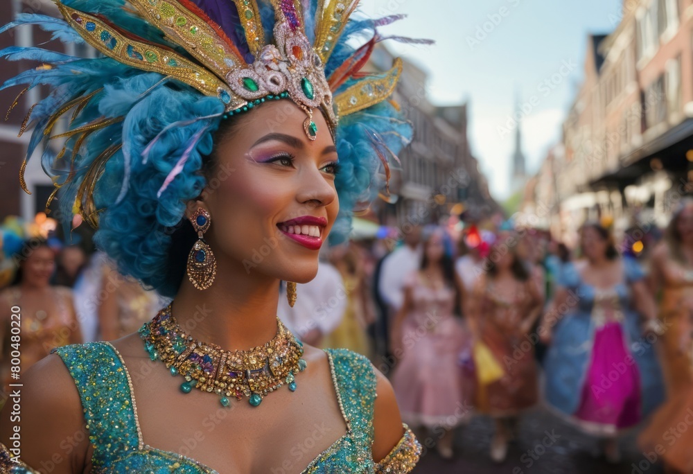A dancer at a carnival shines in an elaborate costume with feathers and sequins, embodying celebration and culture.