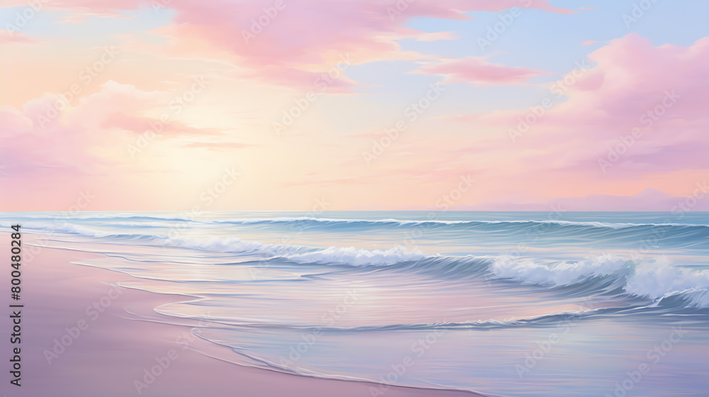 Empty beach at sunrise, soft pastel colors in the sky, gentle surf, relaxing solitude