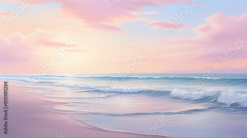 Empty beach at sunrise  soft pastel colors in the sky  gentle surf  relaxing solitude