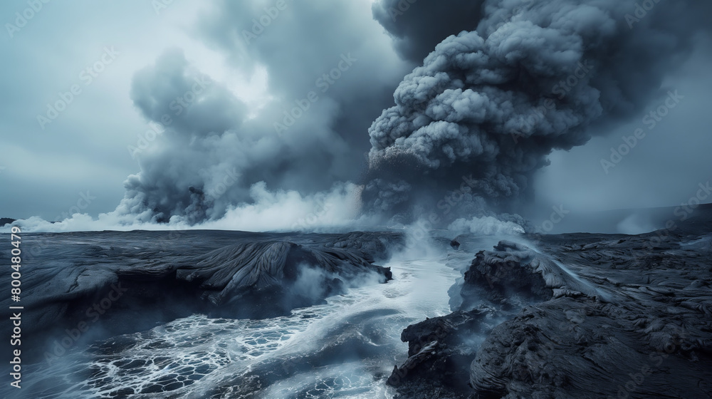 A colossal volcanic eruption spewing ash and smoke near a stormy ocean shore