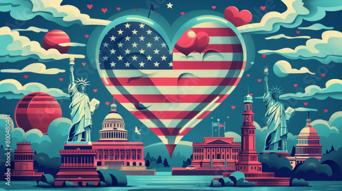 Patriotic Heart-Shaped American Flag with Landmarks