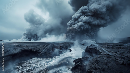 A colossal volcanic eruption spewing ash and smoke near a stormy ocean shore