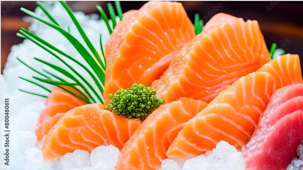 Fresh salmon and tuna sashimi delicately sliced and garnished with green onions and sesame seeds. Bright fish pieces rest on ice, radiating freshness and the appetizing scent of the sea. Fresh salmon and tuna sashimi delicately sliced and garnished with green onions and sesame seeds. Bright fish pieces rest on ice, radiating freshness and the appetizing scent of the sea.