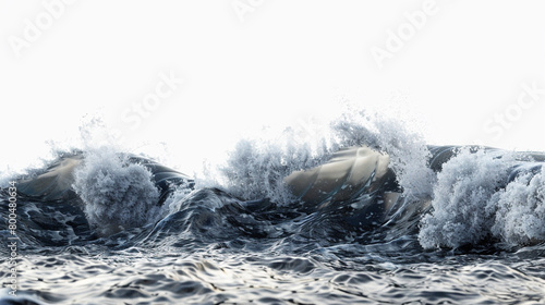 A dramatic and turbulent wave cresting with energy, isolated on a solid white background.