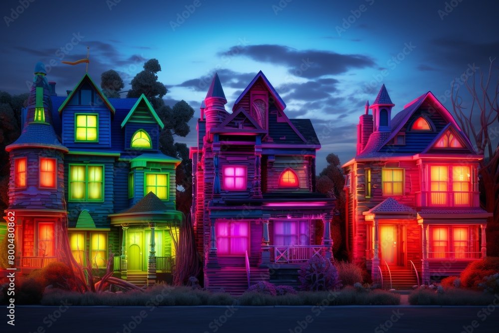A row of three brightly colored houses at night. The houses are purple, green, and red. The purple house has a green door, the green house has a blue door, and the red house has a yellow door. A row of three brightly colored houses at night. The houses are purple, green, and red. The purple house has a green door, the green house has a blue door, and the red house has a yellow door.