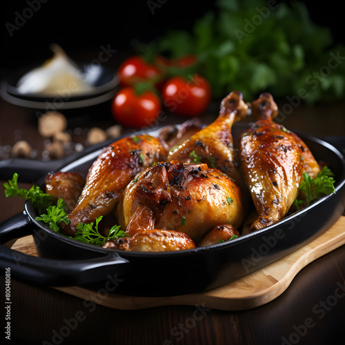 Baked Quails Presented in a Pan on a Captivating Dark Surface