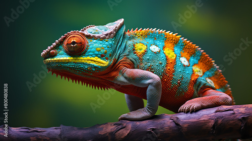 Mimic of a chameleon changing colors, closeup, vibrant hues, natural lighting