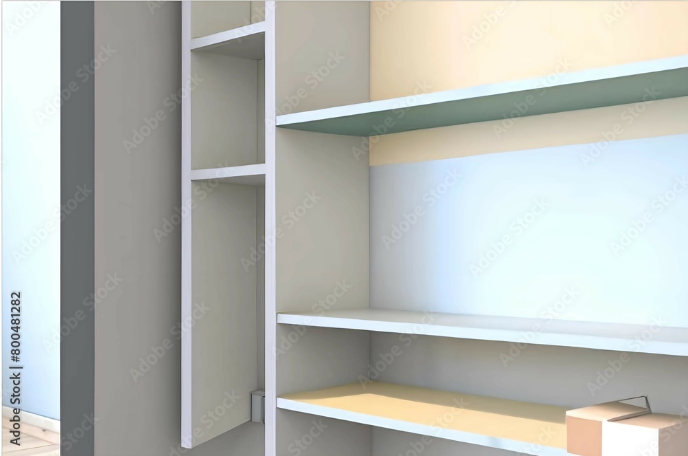 Fototapeta premium Shelves in the interior - snowy white, reliable, storing books, photos, and souvenirs, creating coziness and inspiration.