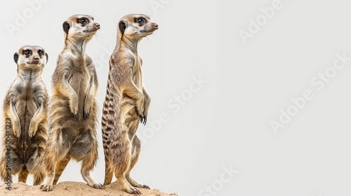   Three meerkats atop a sand dune gaze at the sky photo