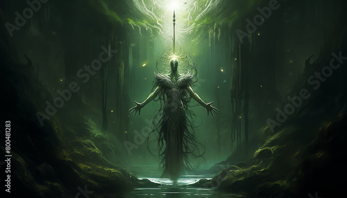 Osiris resurrecting in the depths of a lush, green underworld, ethereal light filtering through photo