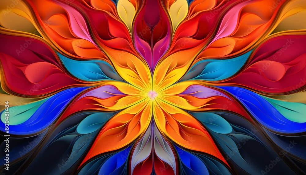 A symmetrical flower with many petals in bright rainbow colors. A symmetrical flower with many petals in bright rainbow colors.