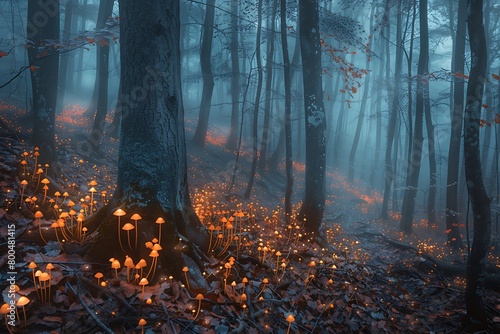 A serene, misty forest with towering trees and a carpet of luminescent fungi photo