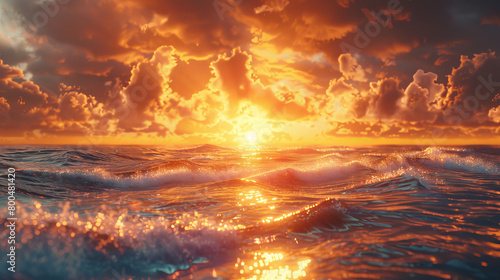A beautiful sunset over the ocean with the sun setting in the water