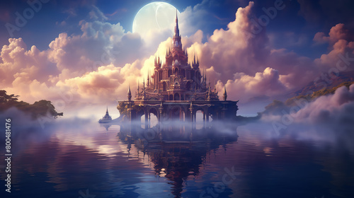 Temple on a floating island, ethereal clouds around, fantasy setting, surreal and enchanting