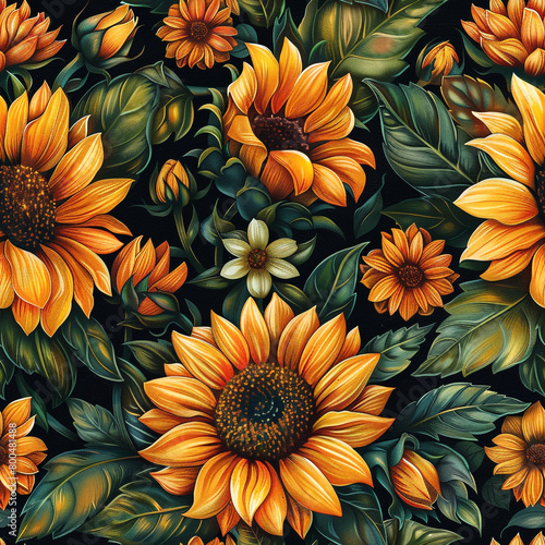 seamless pattern of sunflowers, orange flowers with yellow centers and green leaves on a dark background, in the style of vintage oil painting